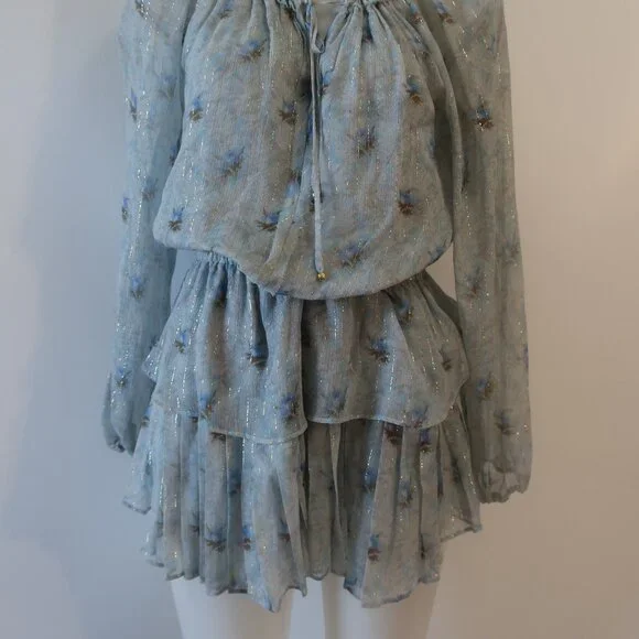 Womens LoveShackFancy Pale Blue Metallic Gold Silk Floral Mini Popover Dress XS - Picture 6 of 15